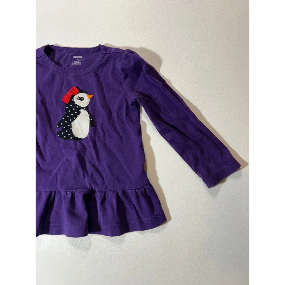 Gymboree Penguin Top Girls 4 Purple Excellent Peplum Ruffle Long Sleeve Cotton